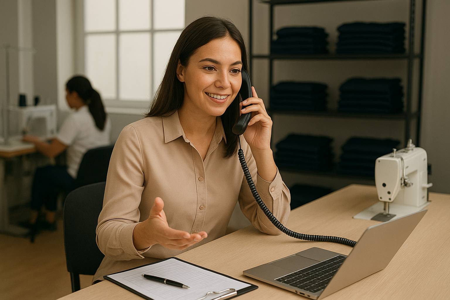 uma moça sentada numa mesa com o telefone no ouvido
